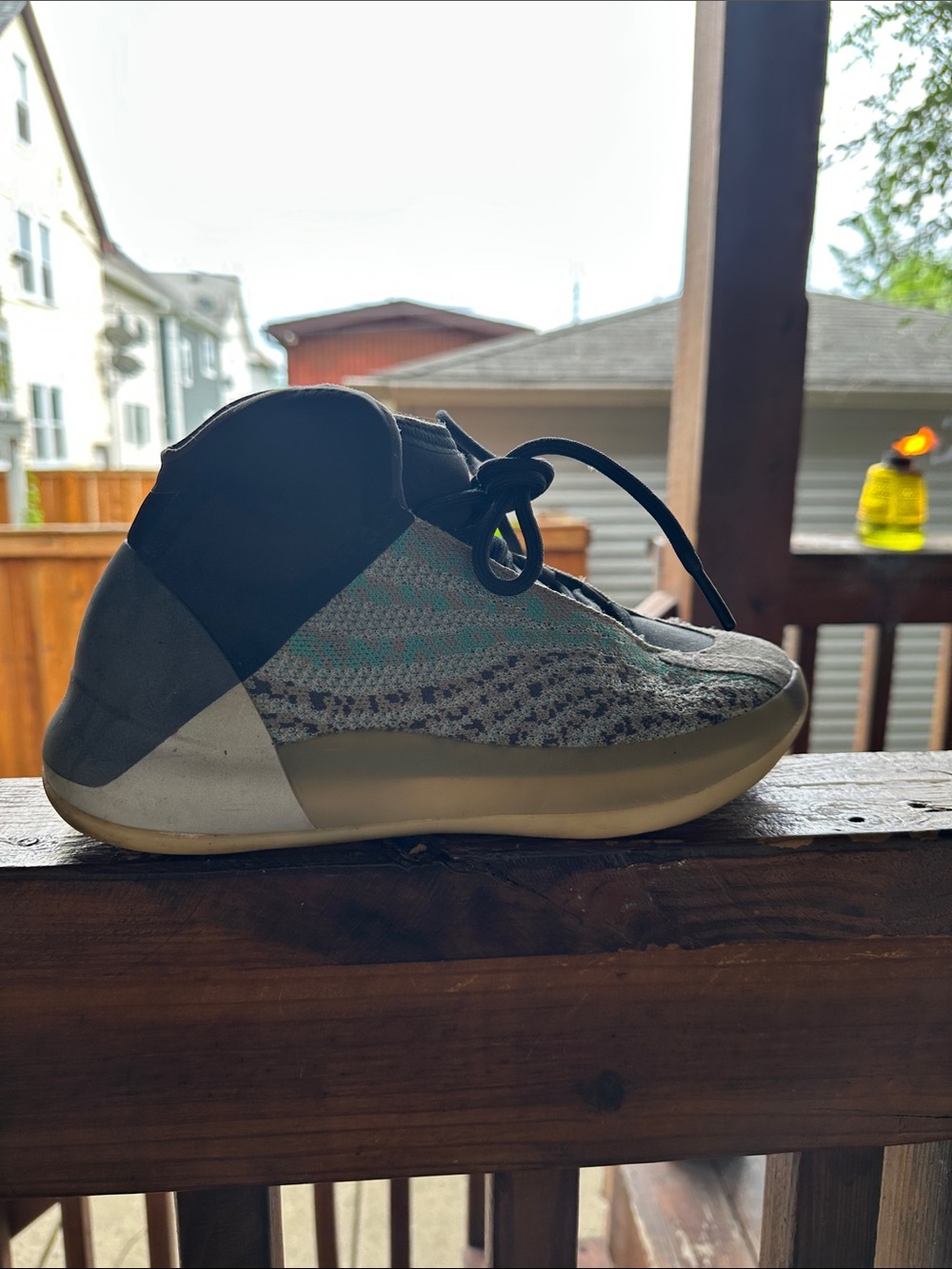 Yeezy Kids High-Top Sneaker in Gray, Black, and Teal Accent